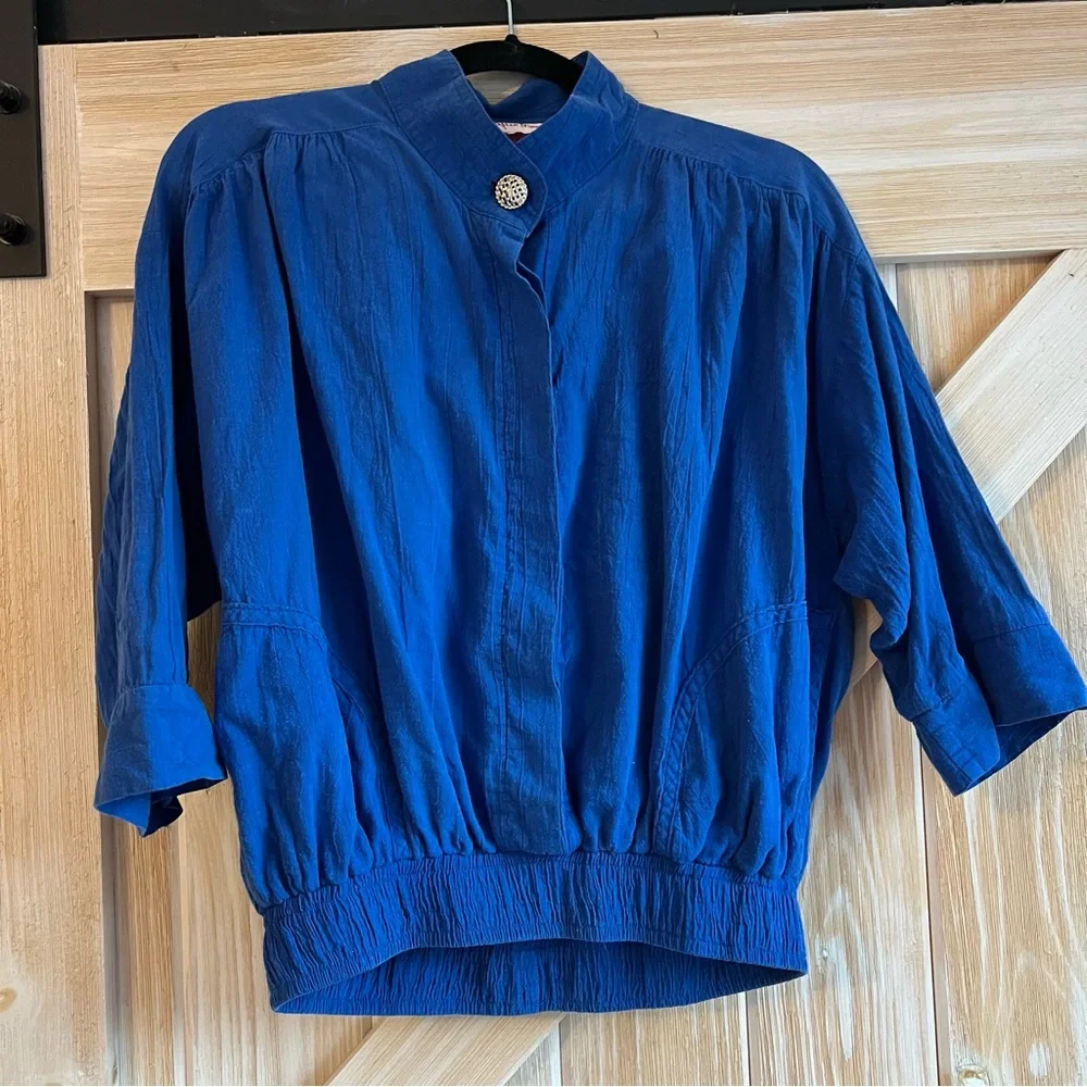 Vintage cotton cobalt blue top by Alice Martin pullover with pockets - Picture 3 of 12